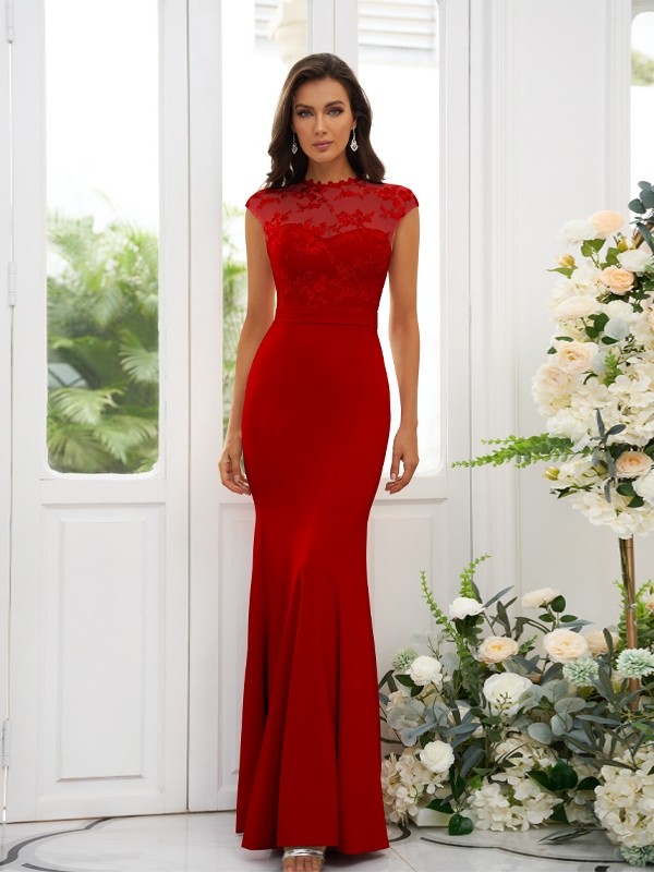 Trumpet/Mermaid Stretch Crepe Applique High Neck Sleeveless Floor-Length Bridesmaid Dresses 3243