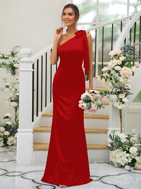 Sheath/Column Silk like Satin Bowknot One-Shoulder Sleeveless Floor-Length Bridesmaid Dresses 3052