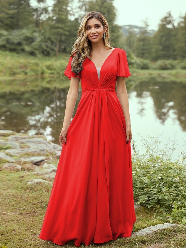 A-Line/Princess Chiffon Ruffles V-neck Short Sleeves Floor-Length Bridesmaid Dresses 2223