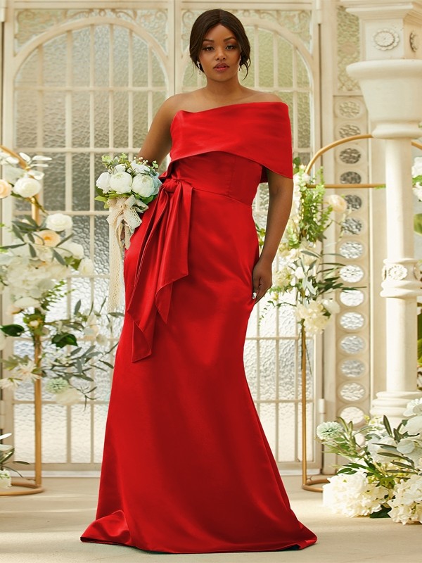 Sheath/Column Satin Ruched One-Shoulder Sleeveless Sweep/Brush Train Bridesmaid Dresses 3022