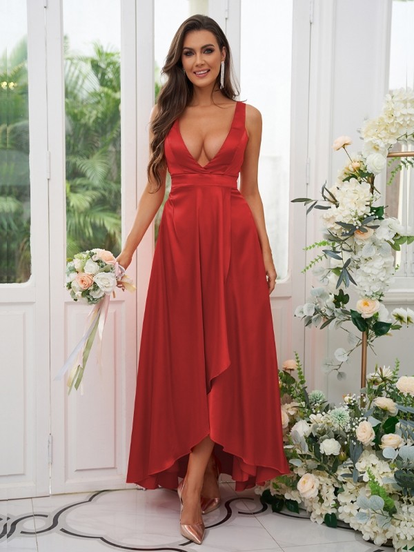 A-Line/Princess Silk like Satin Ruffles V-neck Sleeveless Ankle-Length Bridesmaid Dresses 2489