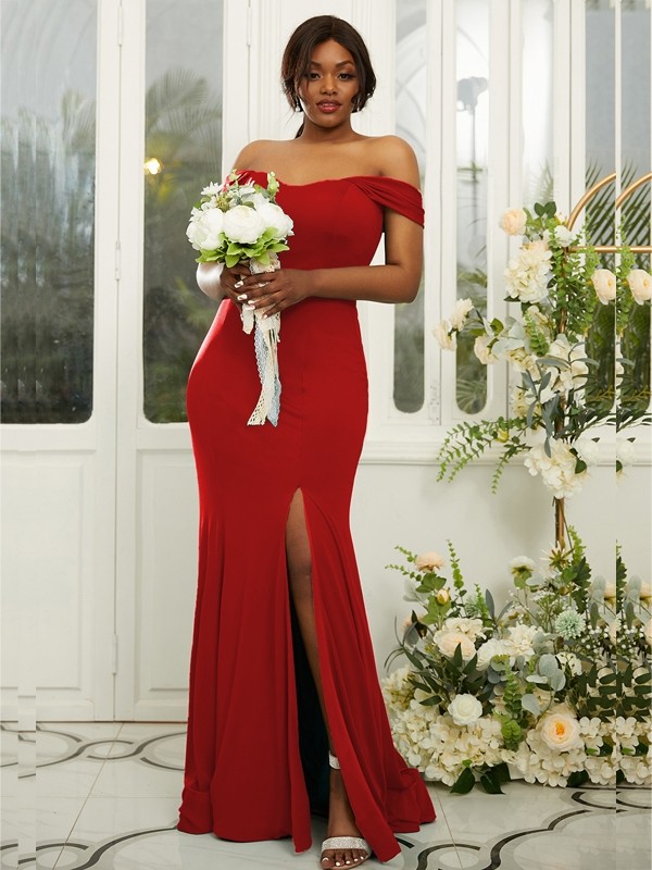 Sheath/Column Jersey Ruffles Off-the-Shoulder Sleeveless Sweep/Brush Train Bridesmaid Dresses 2969