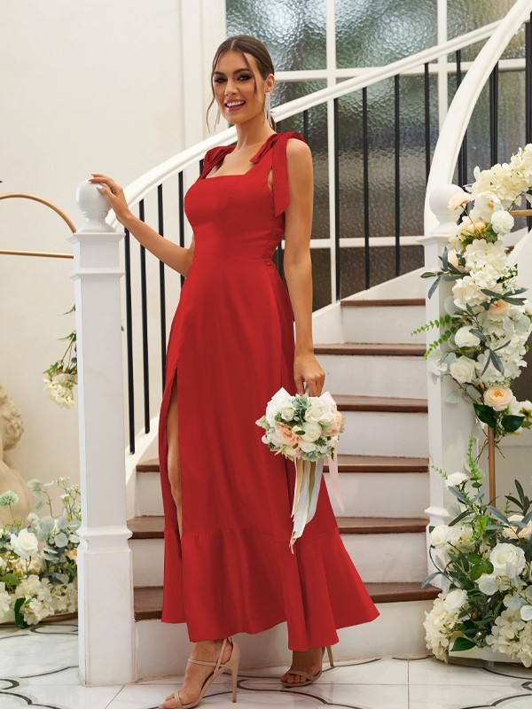 A-Line/Princess Silk like Satin Ruffles Straps Sleeveless Ankle-Length Bridesmaid Dresses 2486