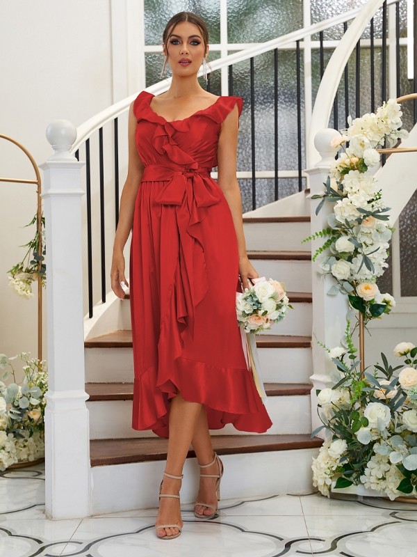 A-Line/Princess Silk like Satin Ruffles V-neck Sleeveless Tea-Length Bridesmaid Dresses 2496