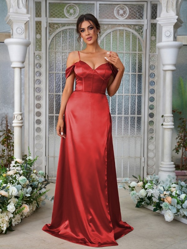 A-Line/Princess Silk like Satin Ruched Sweetheart Sleeveless Sweep/Brush Train Bridesmaid Dresses 2473