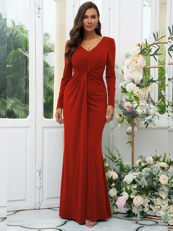 Sheath/Column Jersey Ruched V-neck Long Sleeves Floor-Length Bridesmaid Dresses 2966