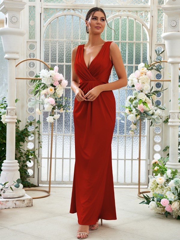 Sheath/Column Jersey Ruched V-neck Sleeveless Floor-Length Bridesmaid Dresses 2967