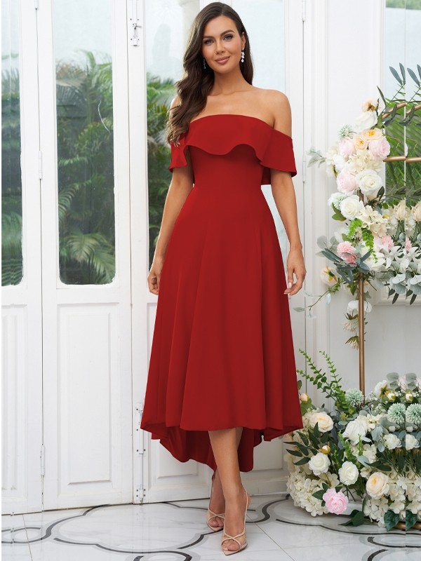 A-Line/Princess Stretch Crepe Ruffles Off-the-Shoulder Sleeveless Asymmetrical Bridesmaid Dresses 2662