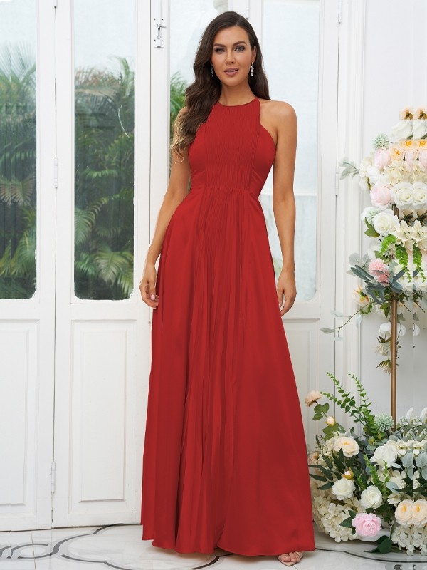 A-Line/Princess Silk like Satin Ruffles Halter Sleeveless Floor-Length Bridesmaid Dresses 2480