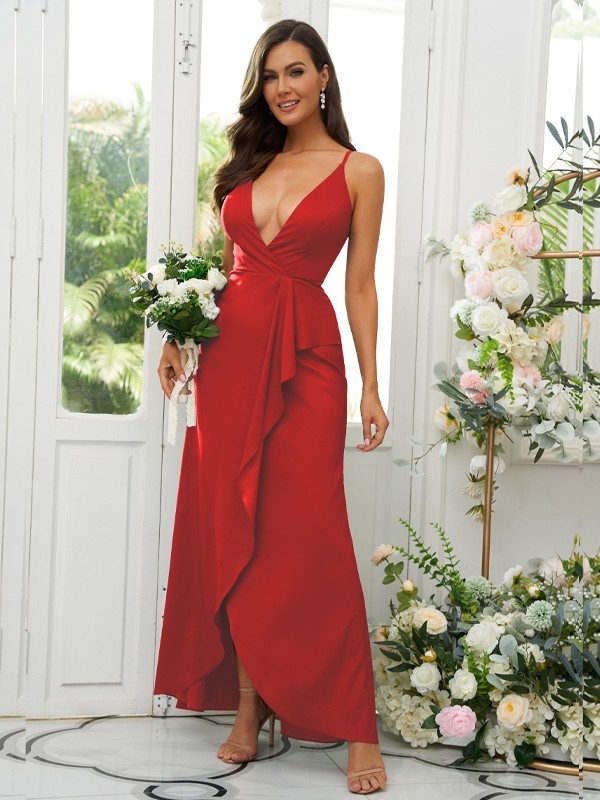 A-Line/Princess Silk like Satin Ruffles V-neck Sleeveless Floor-Length Bridesmaid Dresses 2492