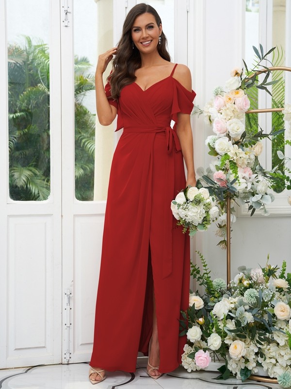 A-Line/Princess Chiffon Ruched V-neck Short Sleeves Floor-Length Bridesmaid Dresses 2171