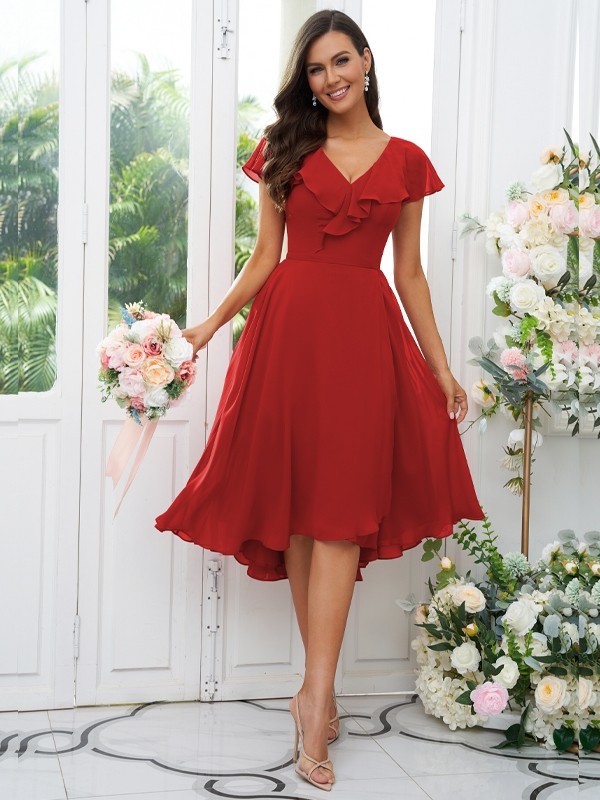 A-Line/Princess Chiffon Ruffles V-neck Short Sleeves Asymmetrical Bridesmaid Dresses 2221