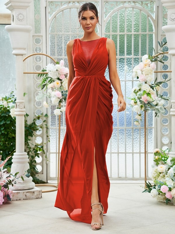 Sheath/Column Chiffon Ruched Scoop Sleeveless Floor-Length Bridesmaid Dresses 2904