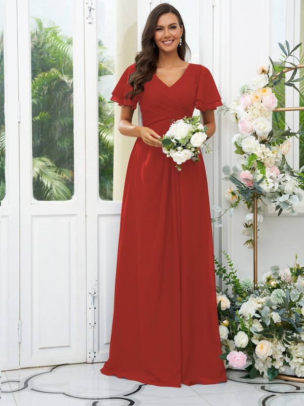 A-Line/Princess Chiffon Ruffles V-neck Short Sleeves Floor-Length Bridesmaid Dresses 2225