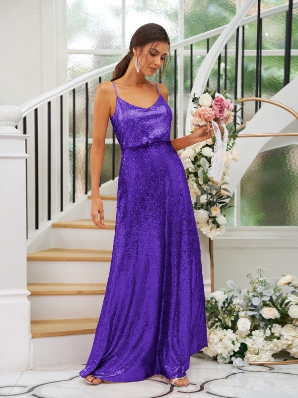 A-Line/Princess Sequins Ruched Straps Sleeveless Floor-Length Bridesmaid Dresses 2466