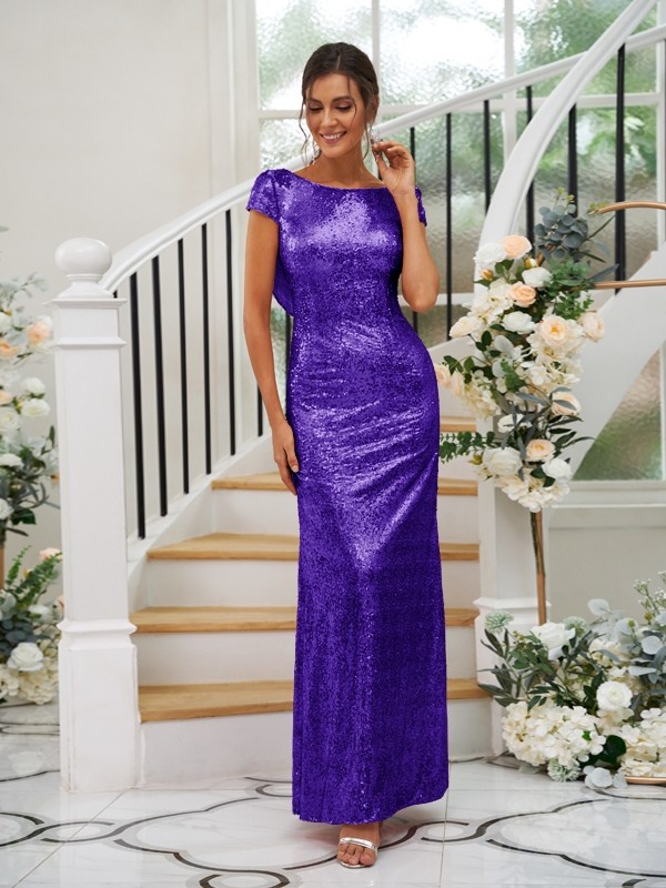 Sheath/Column Sequins Ruched Scoop Short Sleeves Floor-Length Bridesmaid Dresses 3044