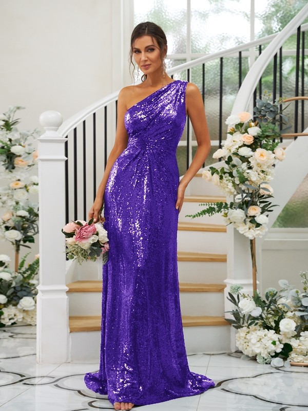 Sheath/Column Sequins Ruched One-Shoulder Sleeveless Sweep/Brush Train Bridesmaid Dresses 3042