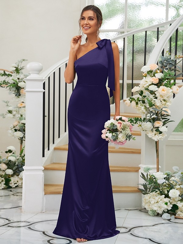 Sheath/Column Silk like Satin Bowknot One-Shoulder Sleeveless Floor-Length Bridesmaid Dresses 3052