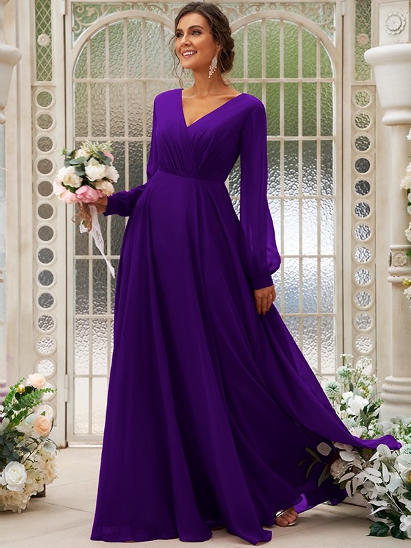 A-Line/Princess Chiffon Ruched V-neck Long Sleeves Floor-Length Bridesmaid Dresses 2169