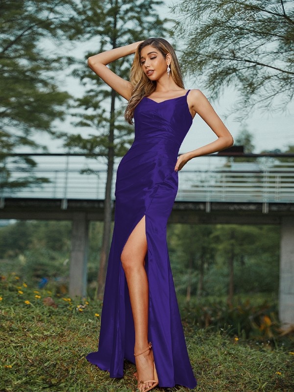 Sheath/Column Silk like Satin Ruched V-neck Sleeveless Floor-Length Bridesmaid Dresses 3083