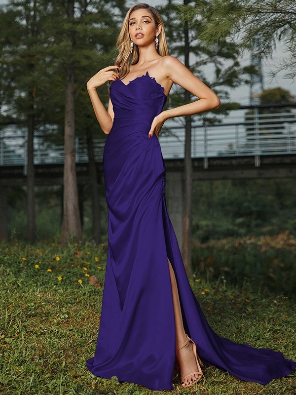 Sheath/Column Silk like Satin Ruched Sweetheart Sleeveless Sweep/Brush Train Bridesmaid Dresses 3078