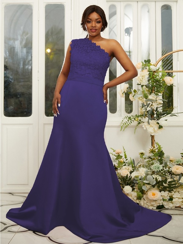 Sheath/Column Satin Lace One-Shoulder Sleeveless Sweep/Brush Train Bridesmaid Dresses 3017