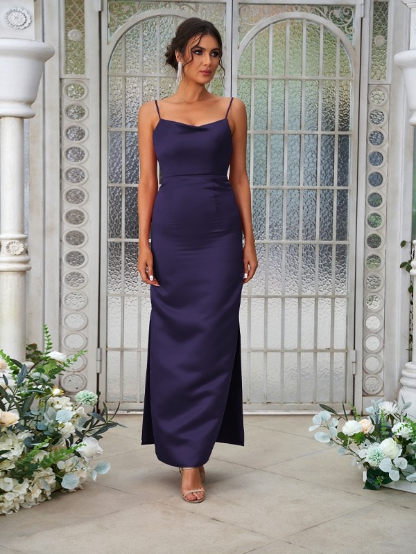 Sheath/Column Satin Ruched Spaghetti Straps Sleeveless Ankle-Length Bridesmaid Dresses 3025