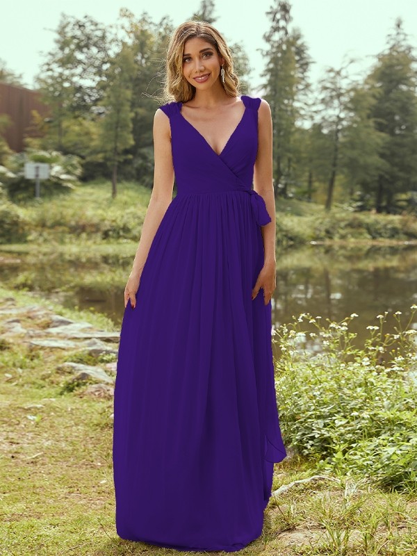 A-Line/Princess Chiffon Ruffles V-neck Sleeveless Floor-Length Bridesmaid Dresses 2235