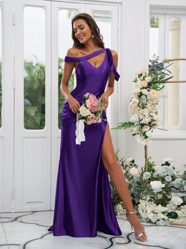 Sheath/Column Polyester Ruched Off-the-Shoulder Sleeveless Sweep/Brush Train Bridesmaid Dresses 2881