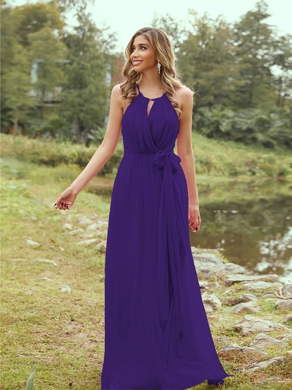 A-Line/Princess Chiffon Ruffles Halter Sleeveless Sweep/Brush Train Bridesmaid Dresses 2196