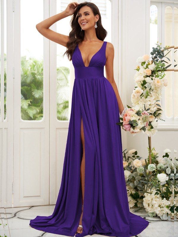 A-Line/Princess Jersey Ruffles V-neck Sleeveless Sweep/Brush Train Bridesmaid Dresses 2332