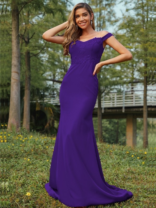 Sheath/Column Jersey Applique Off-the-Shoulder Sleeveless Sweep/Brush Train Bridesmaid Dresses 2954