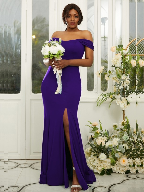 Sheath/Column Jersey Ruffles Off-the-Shoulder Sleeveless Sweep/Brush Train Bridesmaid Dresses 2969