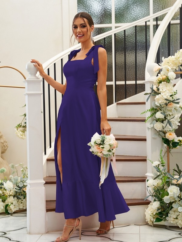 A-Line/Princess Silk like Satin Ruffles Straps Sleeveless Ankle-Length Bridesmaid Dresses 2486