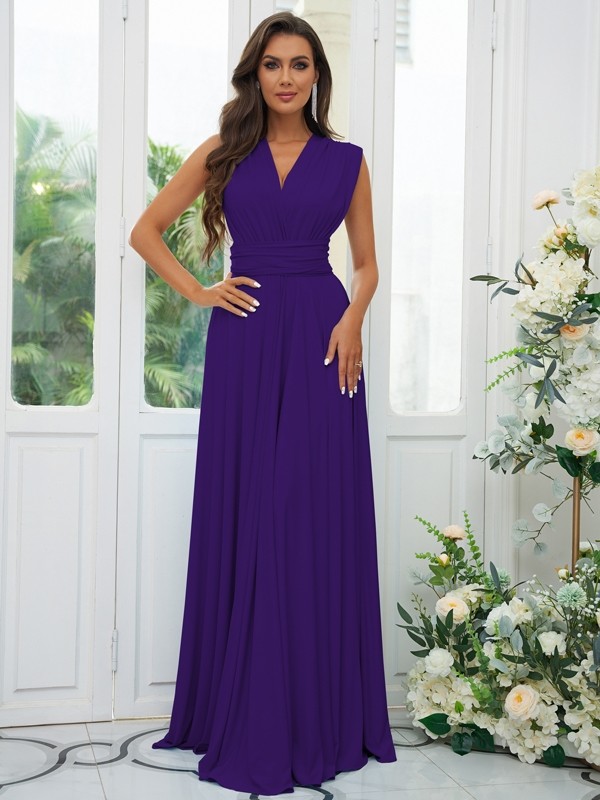 A-Line/Princess Jersey Ruffles V-neck Sleeveless Floor-Length Convertible Bridesmaid Dresses 2331