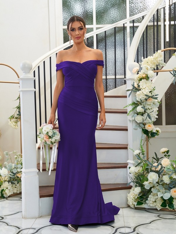 Sheath/Column Jersey Ruched Off-the-Shoulder Sleeveless Sweep/Brush Train Bridesmaid Dresses 2959