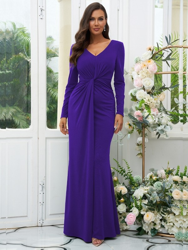 Sheath/Column Jersey Ruched V-neck Long Sleeves Floor-Length Bridesmaid Dresses 2966