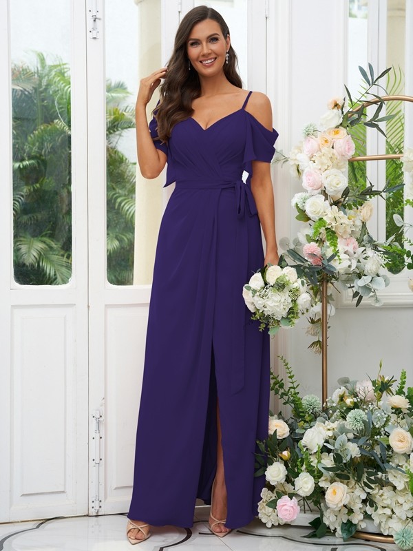 A-Line/Princess Chiffon Ruched V-neck Short Sleeves Floor-Length Bridesmaid Dresses 2171