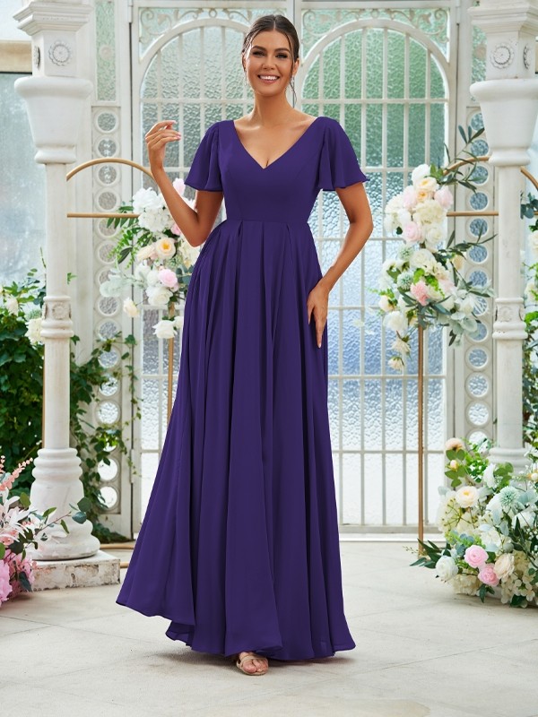 A-Line/Princess Chiffon Ruffles V-neck Short Sleeves Floor-Length Bridesmaid Dresses 2226