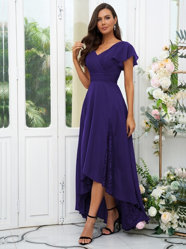 A-Line/Princess Chiffon Lace V-neck Short Sleeves Asymmetrical Bridesmaid Dresses 2151