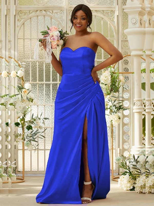 Sheath/Column Silk like Satin Ruched Sweetheart Sleeveless Sweep/Brush Train Bridesmaid Dresses 3079