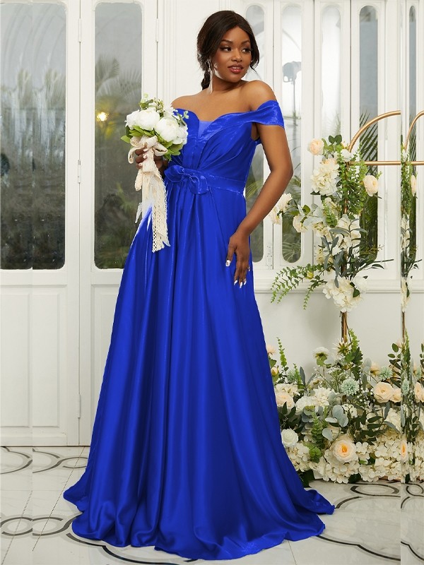 A-Line/Princess Silk like Satin Ruffles Off-the-Shoulder Sleeveless Sweep/Brush Train Bridesmaid Dresses 2482