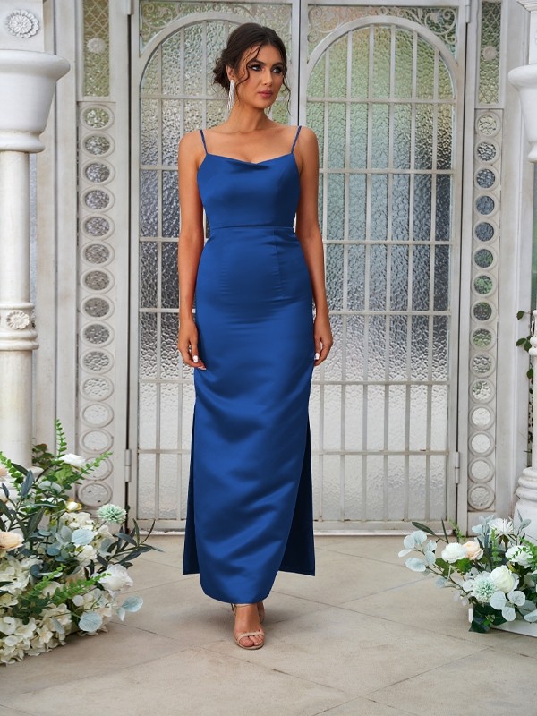 Sheath/Column Satin Ruched Spaghetti Straps Sleeveless Ankle-Length Bridesmaid Dresses 3025