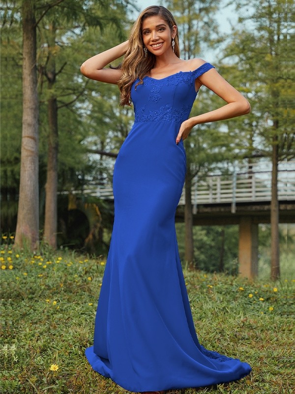 Sheath/Column Jersey Applique Off-the-Shoulder Sleeveless Sweep/Brush Train Bridesmaid Dresses 2954