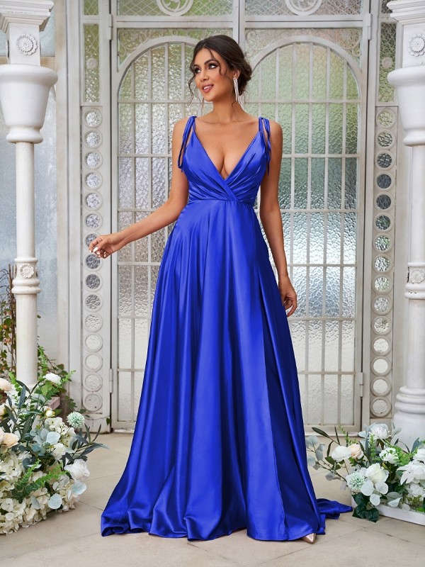 A-Line/Princess Silk like Satin Ruffles V-neck Sleeveless Sweep/Brush Train Bridesmaid Dresses 2494