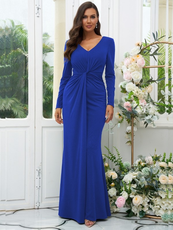 Sheath/Column Jersey Ruched V-neck Long Sleeves Floor-Length Bridesmaid Dresses 2966