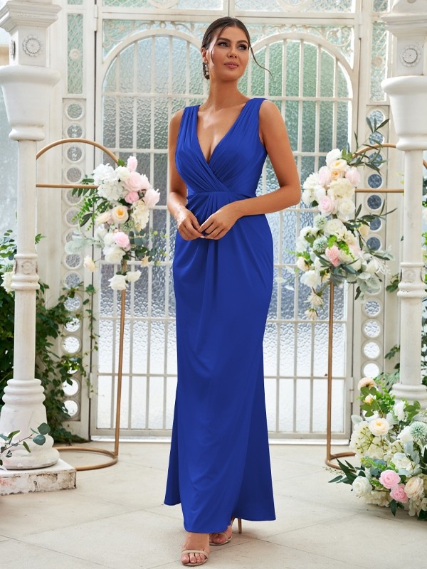 Sheath/Column Jersey Ruched V-neck Sleeveless Floor-Length Bridesmaid Dresses 2967