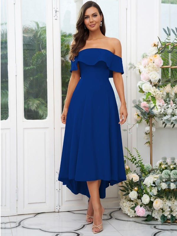 A-Line/Princess Stretch Crepe Ruffles Off-the-Shoulder Sleeveless Asymmetrical Bridesmaid Dresses 2662