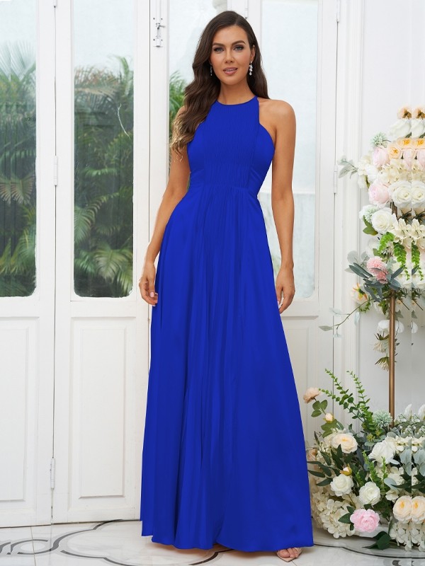 A-Line/Princess Silk like Satin Ruffles Halter Sleeveless Floor-Length Bridesmaid Dresses 2480