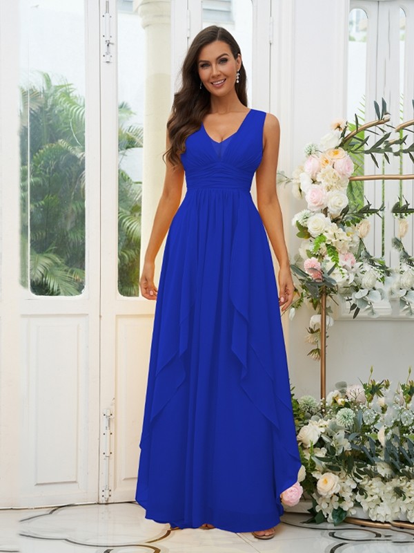 A-Line/Princess Chiffon Ruffles V-neck Sleeveless Floor-Length Bridesmaid Dresses 2240